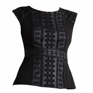 NWT BCBGMaxAzria Black Peplum Embroidered Faux Leather Top, Size XXS